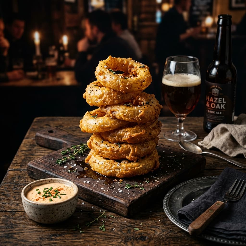 Crispy Onion Rings — Beer-battered, golden onion rings with chipotle mayo.