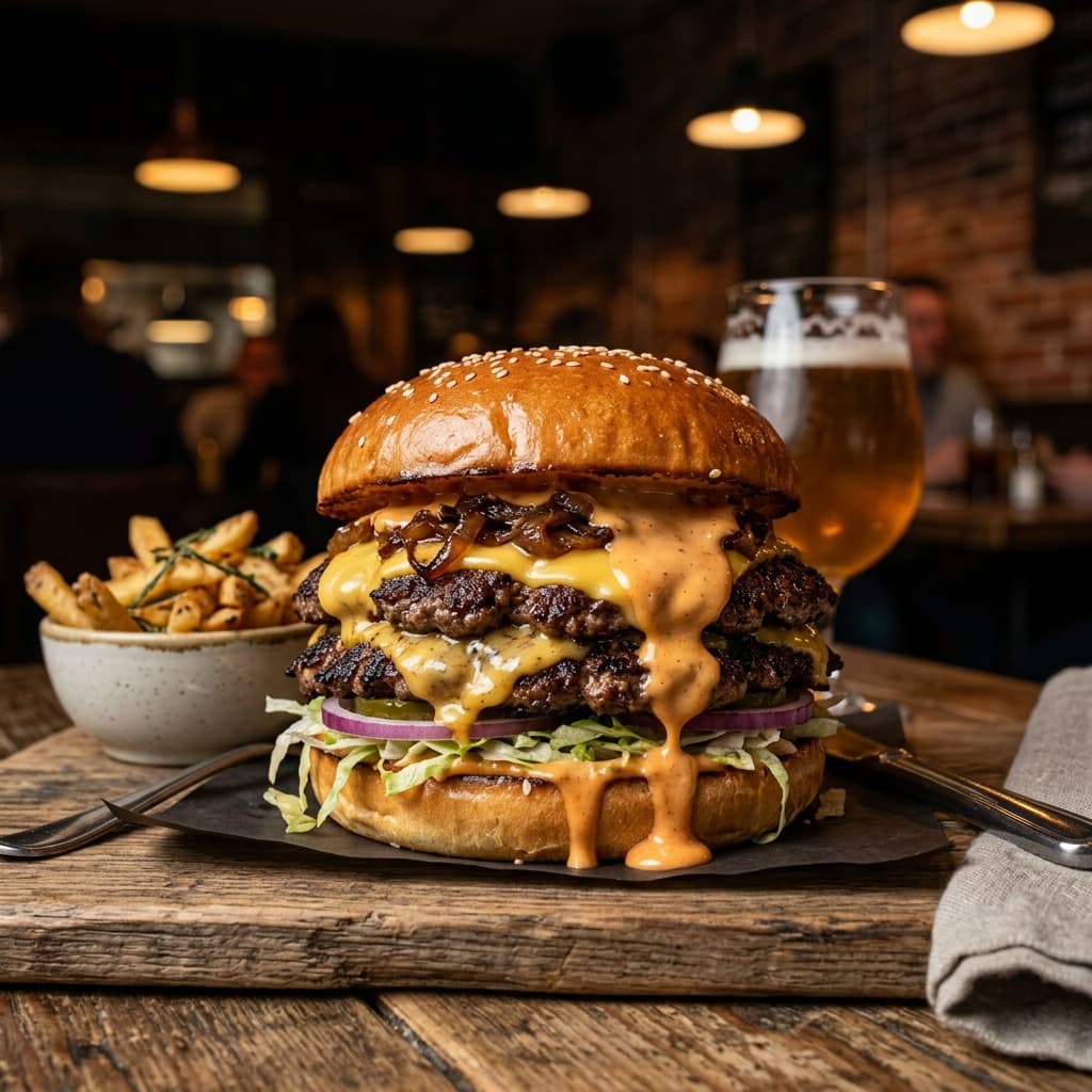 Double Smash Burger — Two smashed beef patties, double American cheese, caramelized onions, pickles, and signature ember sauce.
