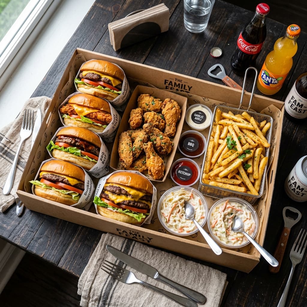 Family Feast Box — 2 burgers, 6 BBQ wings, 2 large fries, 2 drinks, and a coleslaw. Feeds 2–3 people.
