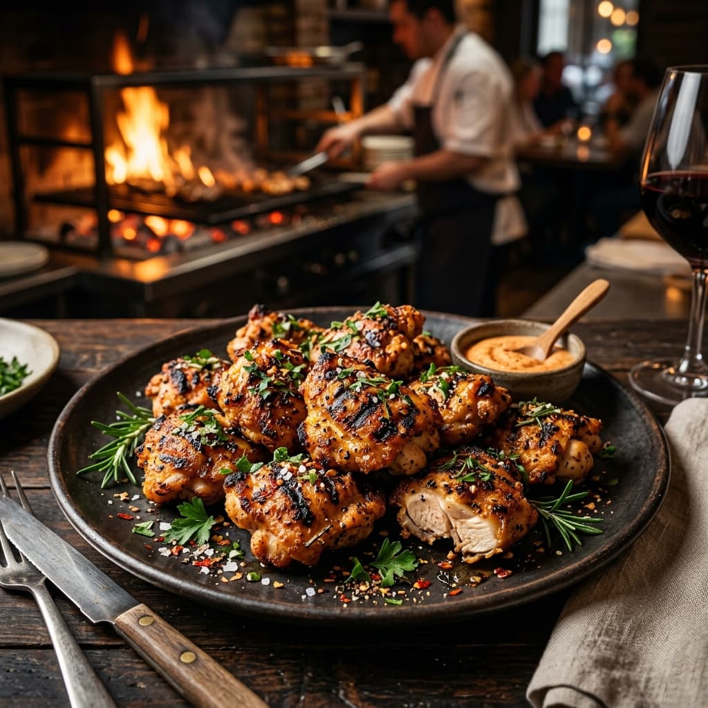 Grilled Chicken Plate — Half chicken marinated in 12-spice rub, flame-grilled to perfection. Served with garlic naan.