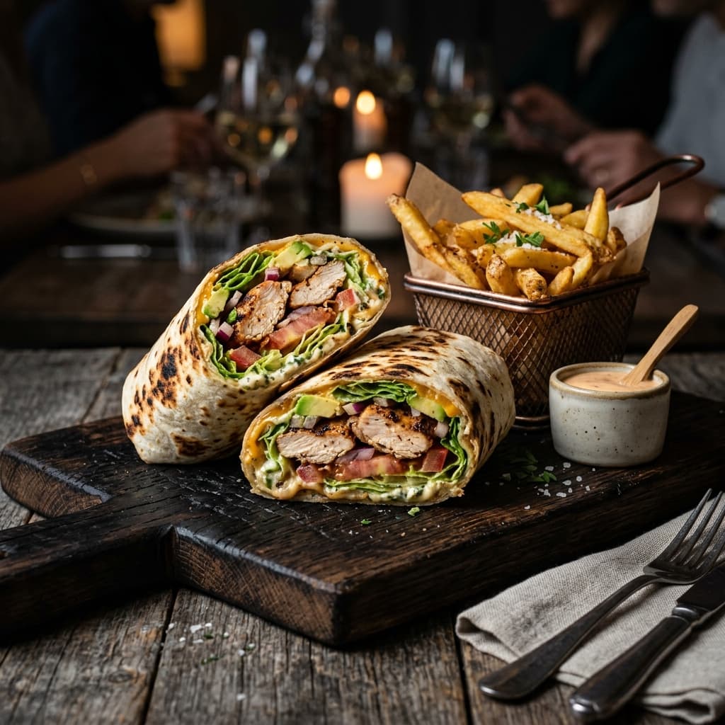 Grilled Chicken Wrap β Tender grilled chicken strips, fresh veggies, chipotle sauce, wrapped in warm tortilla.