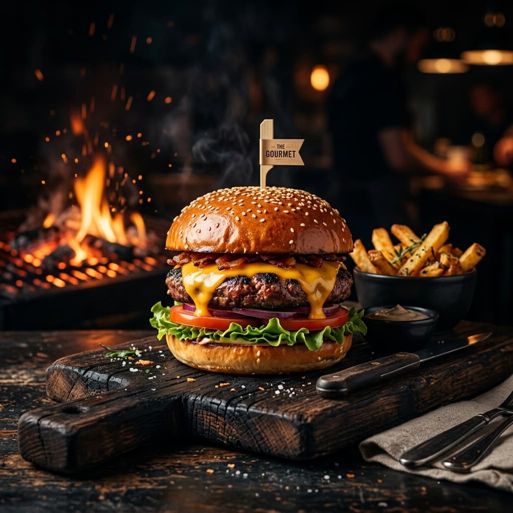 D2P Flame Burger — Flame-grilled beef patty, cheddar cheese, crispy lettuce, tomato, special D2P sauce in a toasted sesame bun.