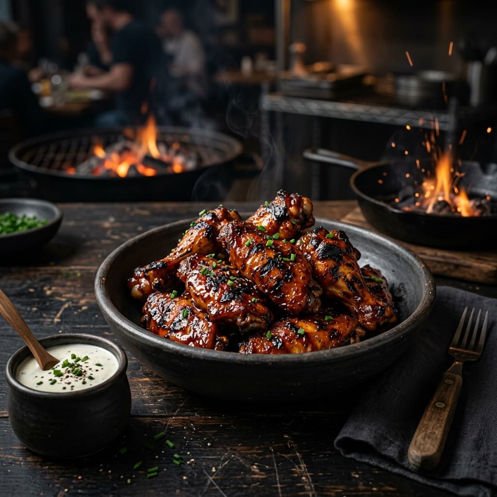 BBQ Wings (6 pcs) — Slow-cooked, flame-finished wings tossed in smoky BBQ glaze. Served with ranch dip.